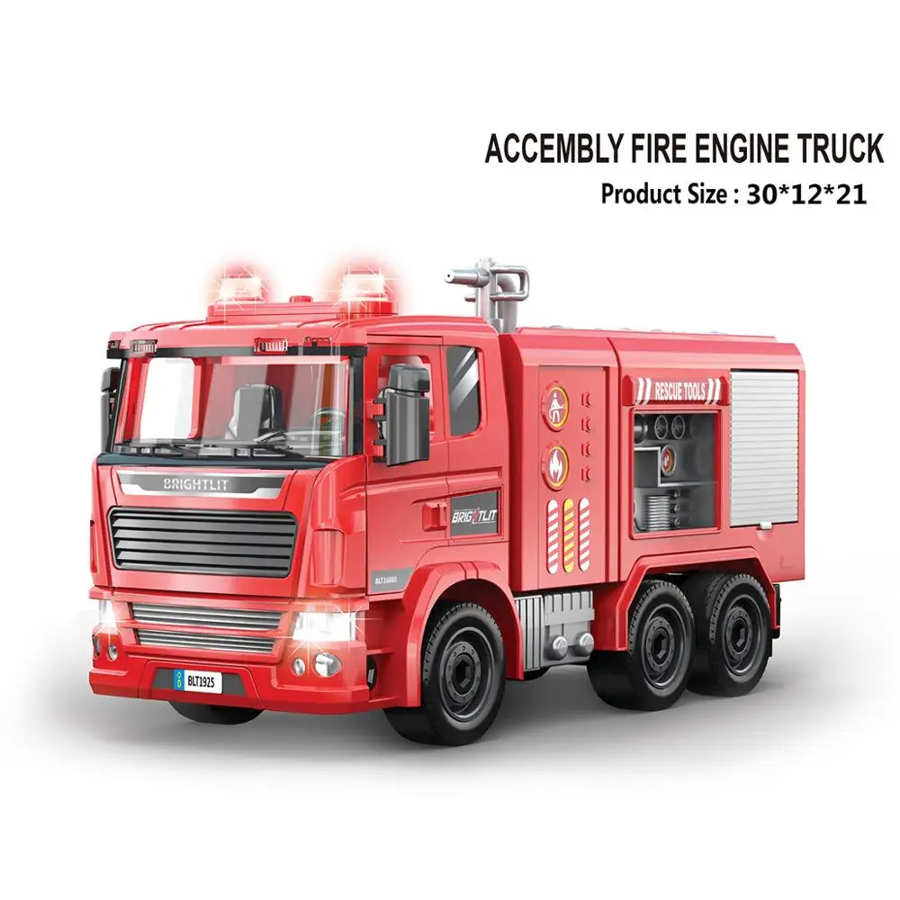 DIY toy wholesale 1/22  assembly rescue  fire  truck toy with flashing  lights and sound intelligent toy
