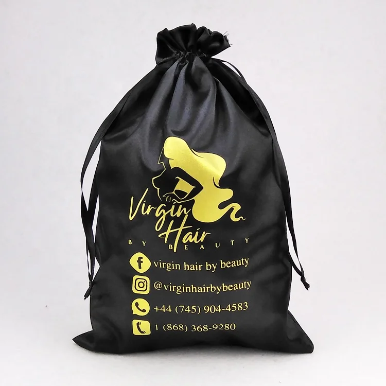 2021 factory custom printed logo extra large silk wig black satin hair bag
