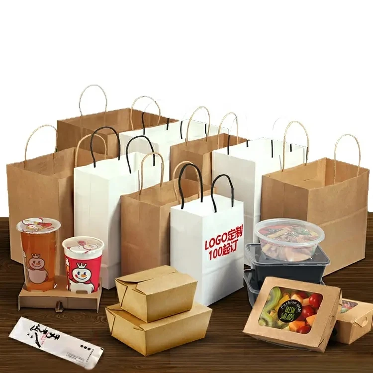 Custom printed brown kraft paper bags for food takeaway with your own logo wholesale restaurant fast food packaging paper bag