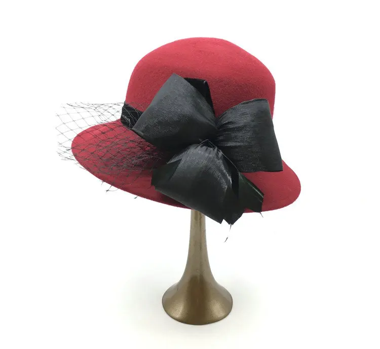Newest Design Ladies Trendy Flat Brim Wedding 100% Wool Felt Church Hat With Flower Bow Women Girl Woolen Cloche Sun Hats