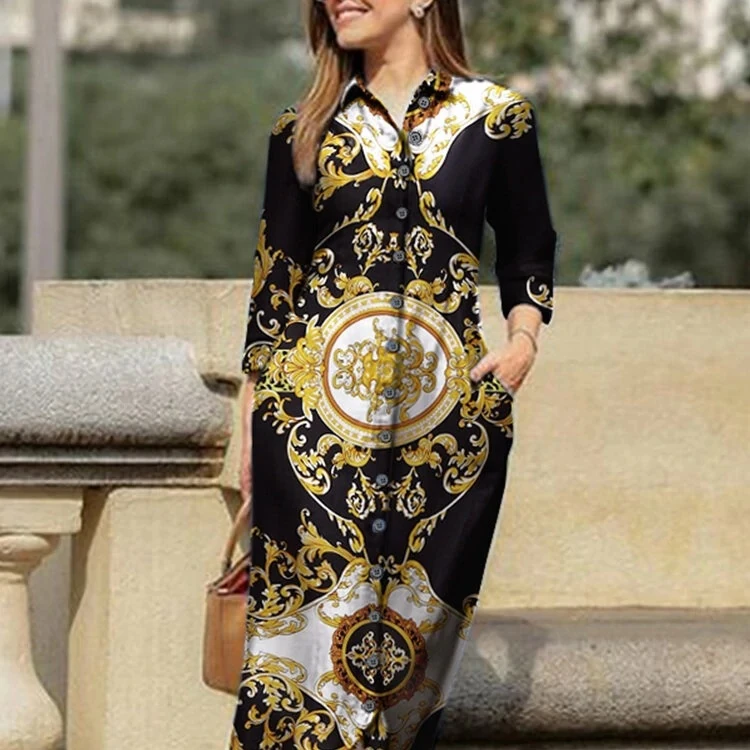 Shirt Dress 2022 Women Autumn Turn Down Neck Vintage Printed Maxi Dresses Loose Sundress Bohemian Party Vestidos Femme