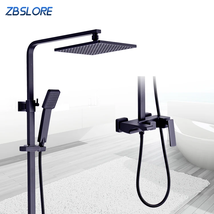 Exposed Install Shower Bar System Adjustable Matte Black Bath Shower Faucet Set With Tub Spout