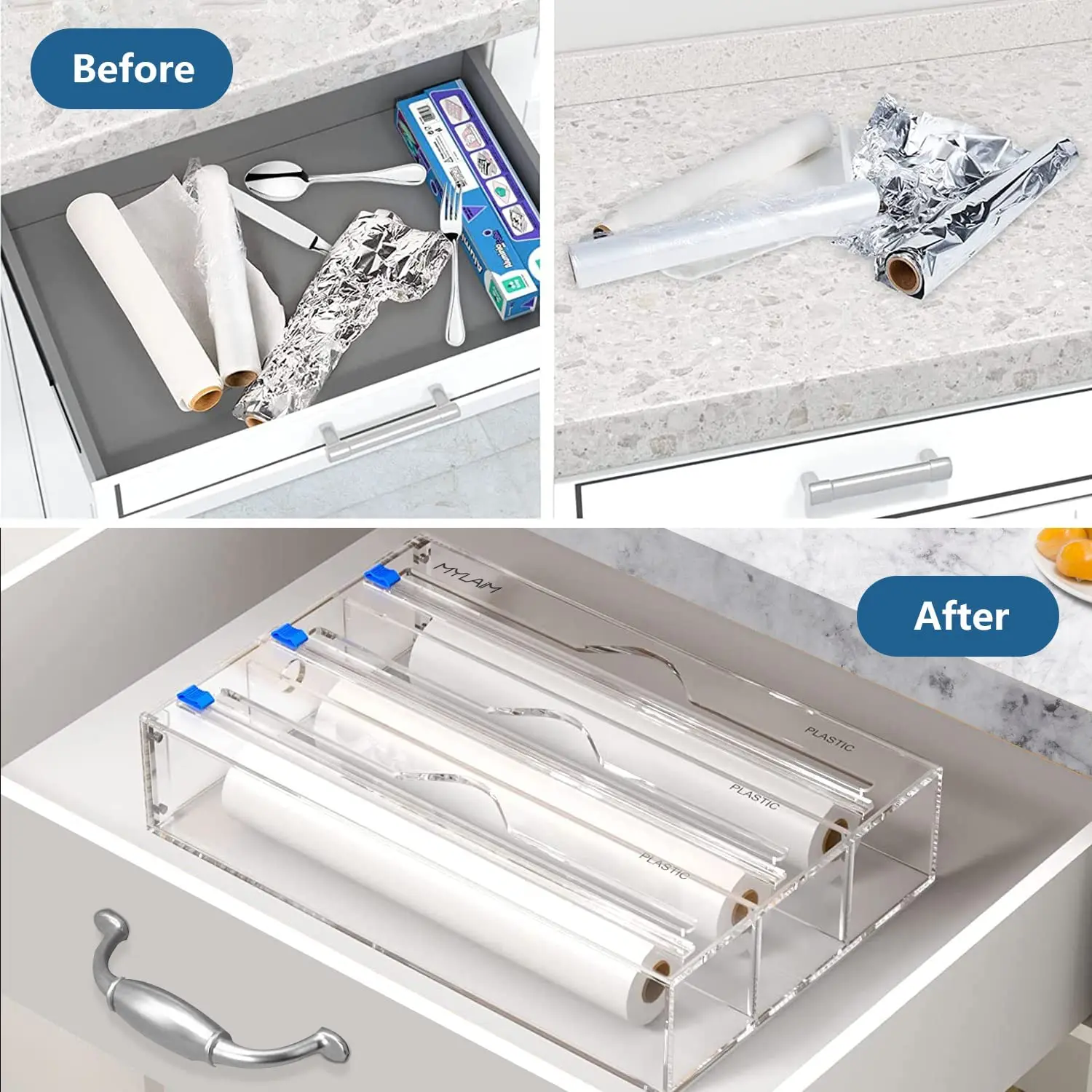 2 slot Clear Plastic Wrap Dispenser with Slide Cutter Acrylic Foil & Wrap Dispenser Storage Box