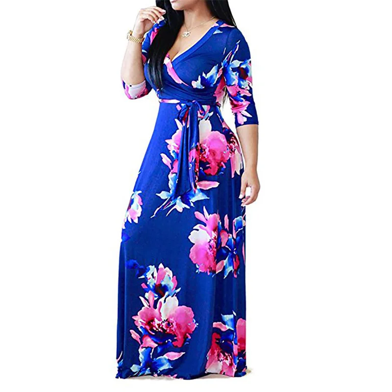 Plus Size Women Clothing Floral Print Long Sleeve Maxi African Split Dress for Women 5XL