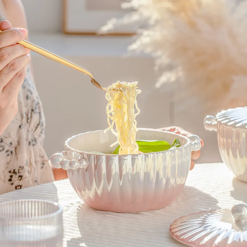 HY Pearl Ceramic Soup Bowl Instant Noodle Bowl with Lid Single Double Ear Delicate Ramen Bowl