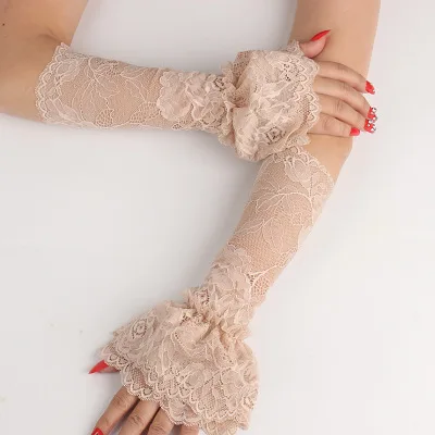 Black and white apricot powder double-layer lace cuff decoration long lace big stretch sweater hand sleeve female