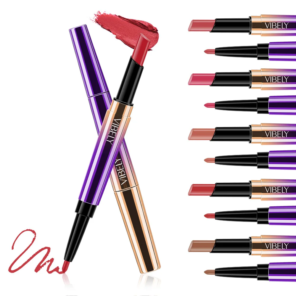 16 Colors Purple Glitter Double Head Lip Makeup Lipstick Long Lasting Matte Waterproof Lip Liner Lipstick Private Label