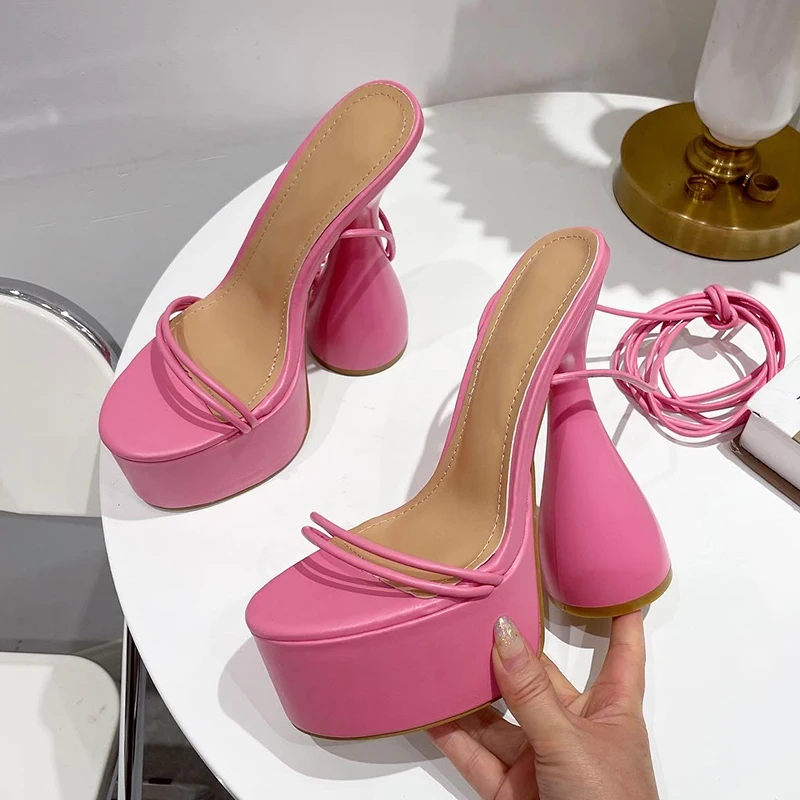 Summer PU Round Heels Cross-Strap Classics Riband 2022 Rome Sexy Pumps Fashion Party Solid color Lace-up Sandalias Women Shoes