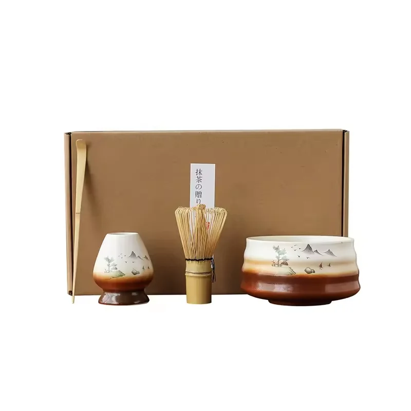 High Quality Custom Logo Wooden Box Matcha Whisk Set with Ceramic Bowl matcha green tea powder bamboo whisk