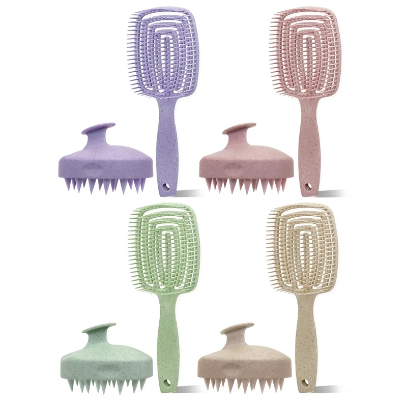 Custom Logo Eco-Friendly Wheat Straw Flexible Bristles Detangling Wet Brush Scalp Massager Shampoo Brush Set For Hair Growth