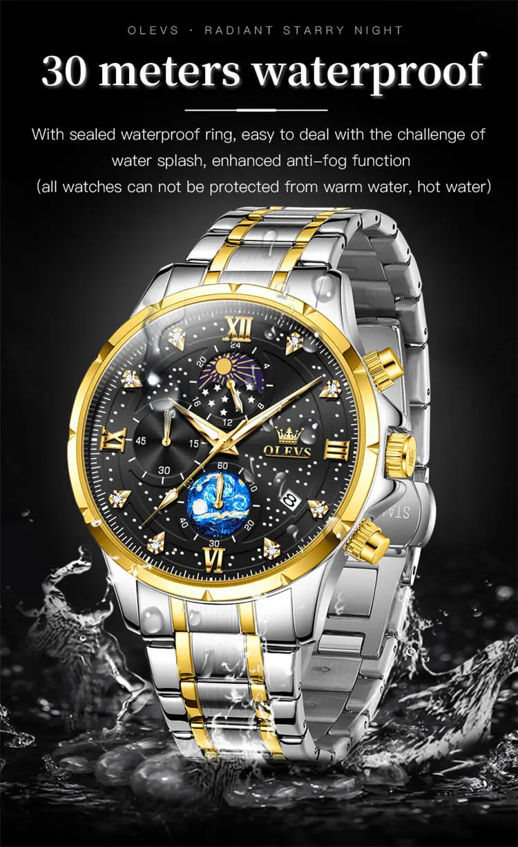 OLEVS 9807 special custom brand  gents quartz watch original Stainless steel band Luminous Chrono stars sun Casual hand watch