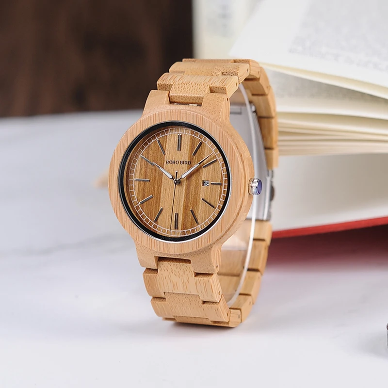 BOBO BIRD Eco-friend Simple Design Bamboo Wooden Watch with Auto Date Display