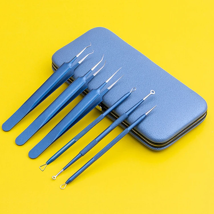 High quality fashion 6 PCS pimple popper tool kit acne needle blackhead tweezers set with mirror box