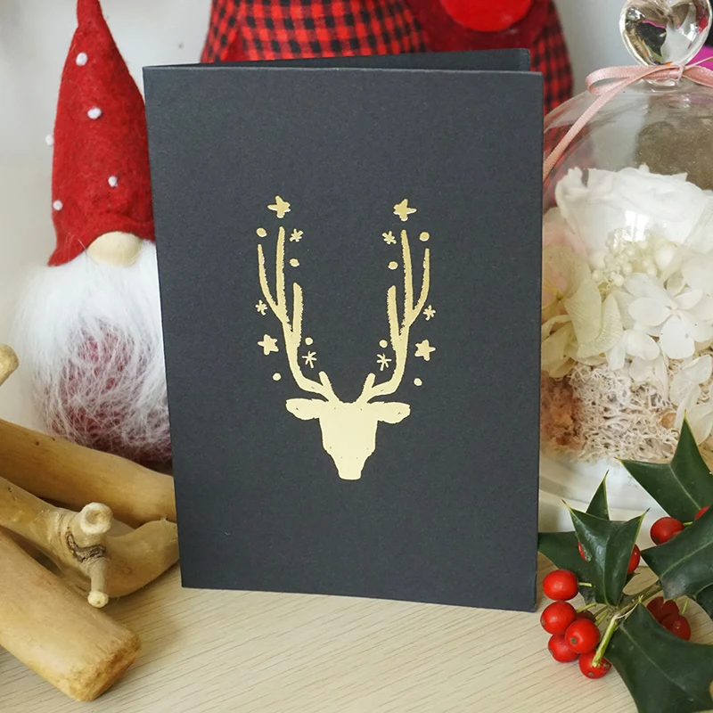 Bulk Buying Hot Stamping Christmas Tree reindeer Black paper Christmas Thank You with envelope greeting Cards set