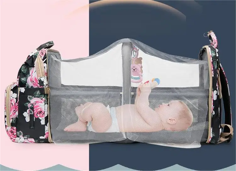 Baby Diaper Bag and Bed Portable Foldable Multi-function Fashion Mummy Backpack Diaper Bags with Changing Station