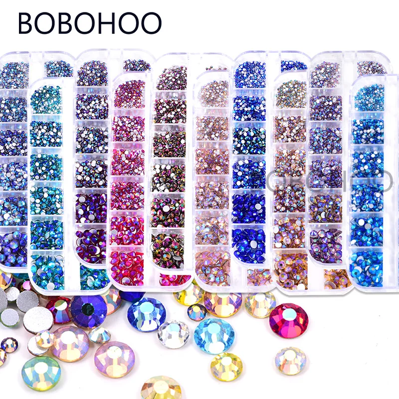 Crystal AB Shimmer Colors 2100pcs/Box Crystal Hot Fix Nail Art Rhinestones Mix 6 Sizes Non HotFix Rhinestone Set