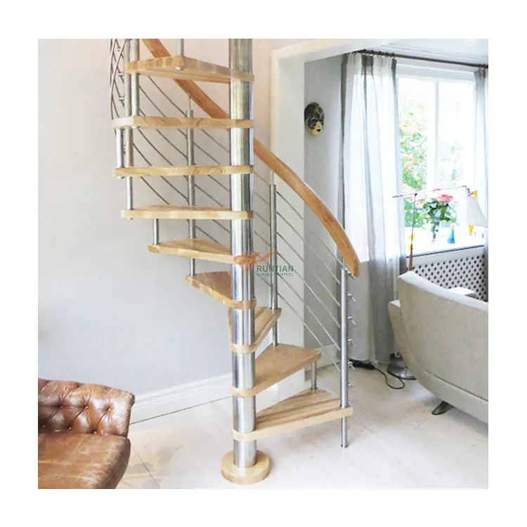 Modern bespoke building indoor warehouse loft stair oak wood metal step helical spiral staircase