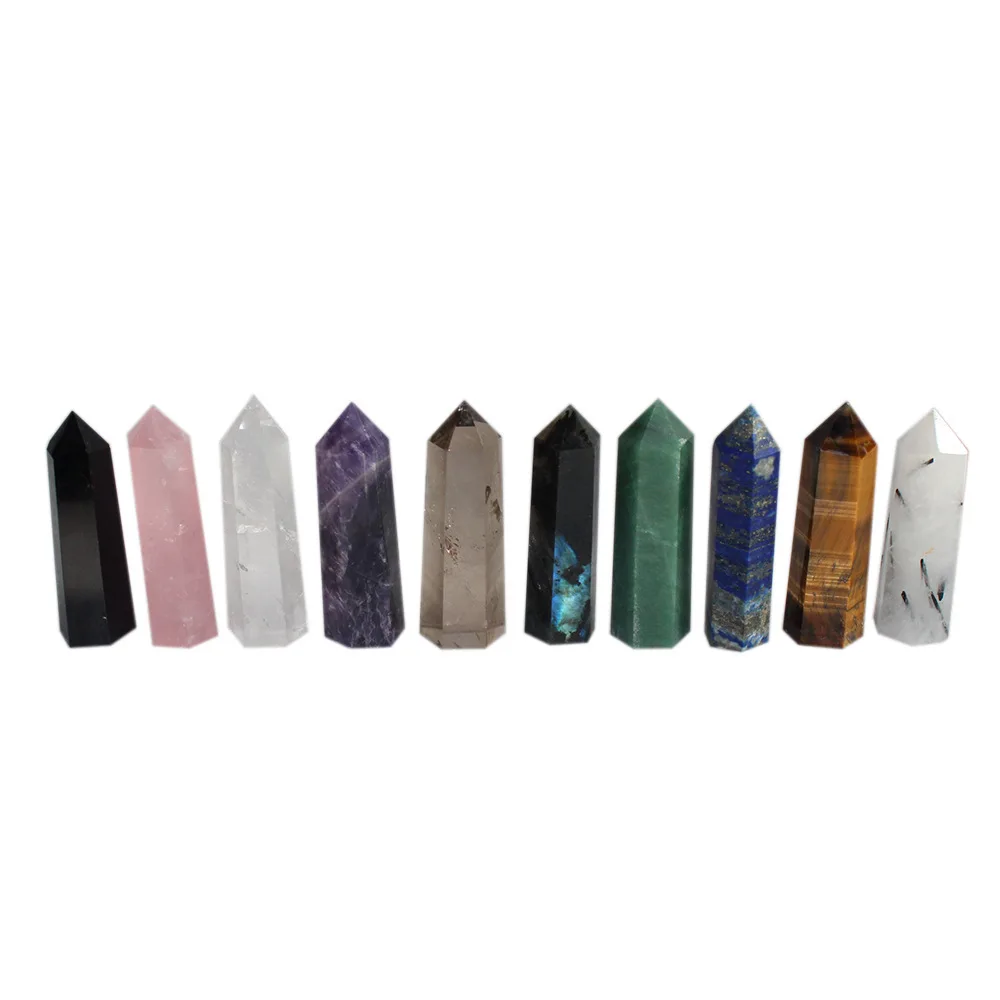 Natural crystal quartz stone hexagon column ornaments amethyst rose quartz aventurine tiger eye hexagon prism point towel crafts