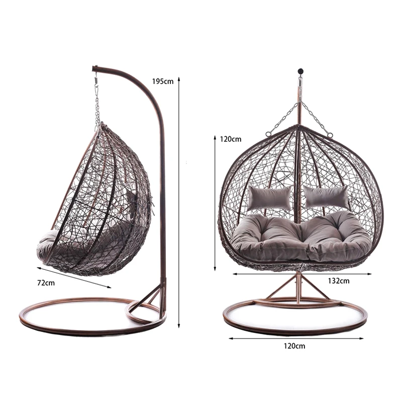 Durable Double Nest hanging chair,PE wicker swing chair,nest swing chair with big cushion and stand for two people
