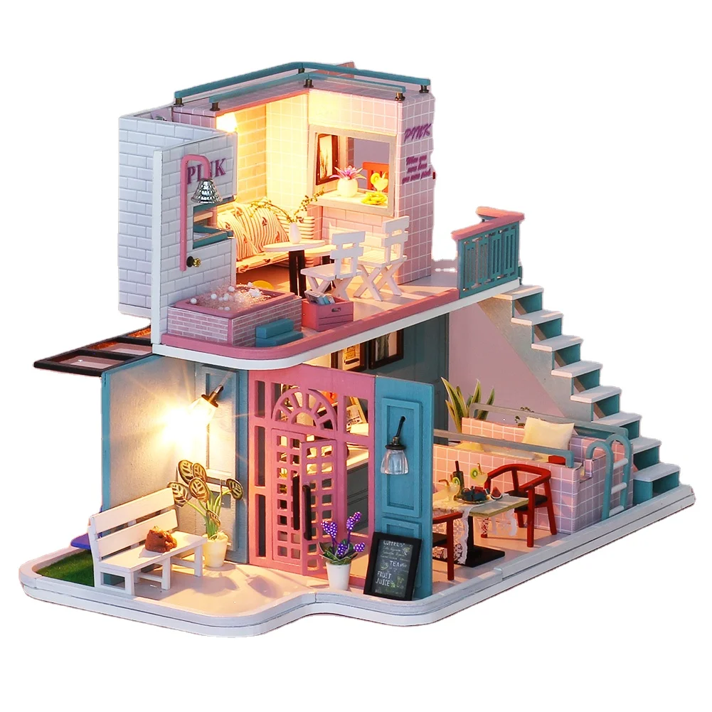 IIECREATE Pink cafe Miniature House Kit For Furniture Fashion Doll House Model Miniature House Kit