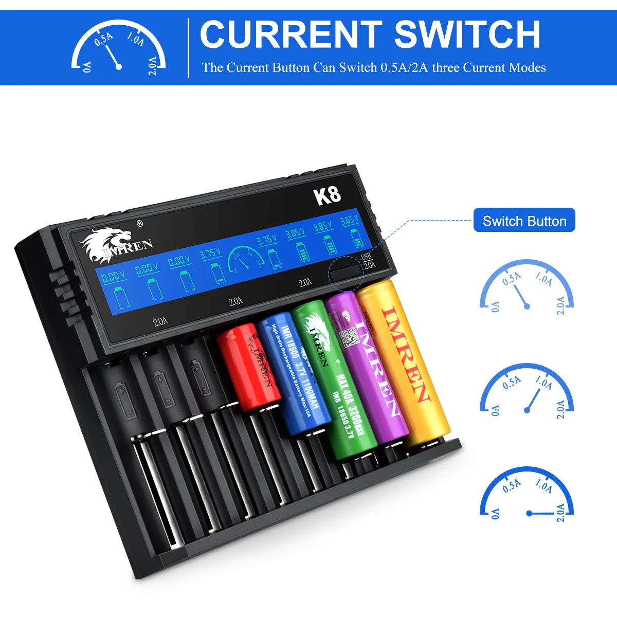 IMREN 8 slots automatic 18650 5v 2a lithium battery charger for 18650 26650