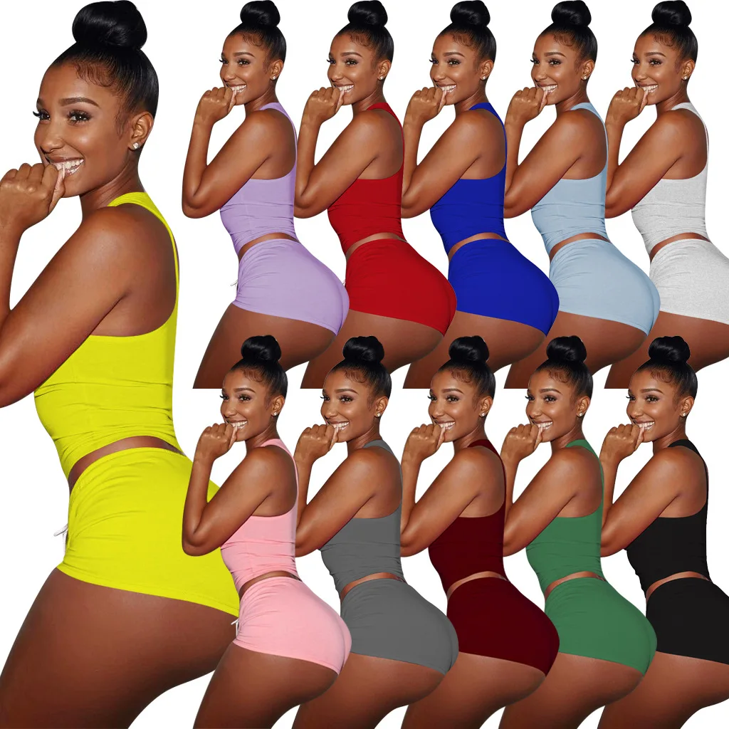 Sexy Women Solid Color 2PCS Yoga Set Female Sleeveless Tank Top Bra Fitness Shorts Running Gym Sports Clothes Suit