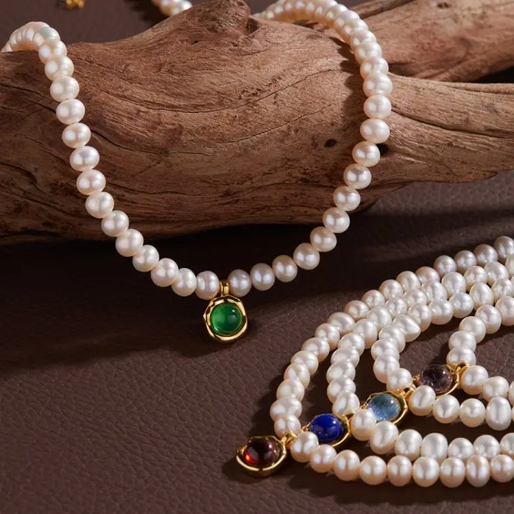 Popular S925 sterling silver inlaid natural colored gemstone pendant natural freshwater pearl necklace for girls