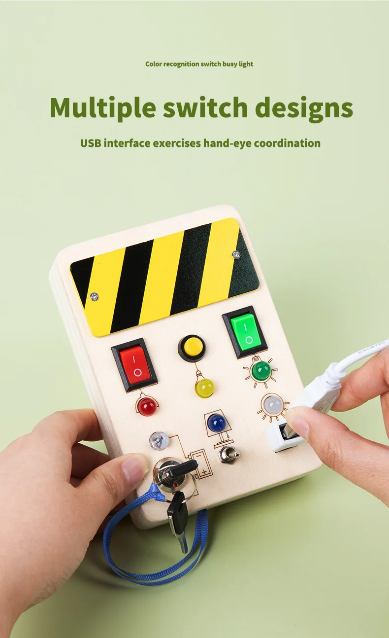 Best Selling Unisex Montessori Toy Three Wooden LED Light Switch Buttons Busy Board Control Circuit Panel for Children