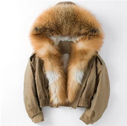 New Style Army Green Women Cropped Fur Parka Jacket with Red Fox Fur Trim Winter Ladies Fur Coat Parka