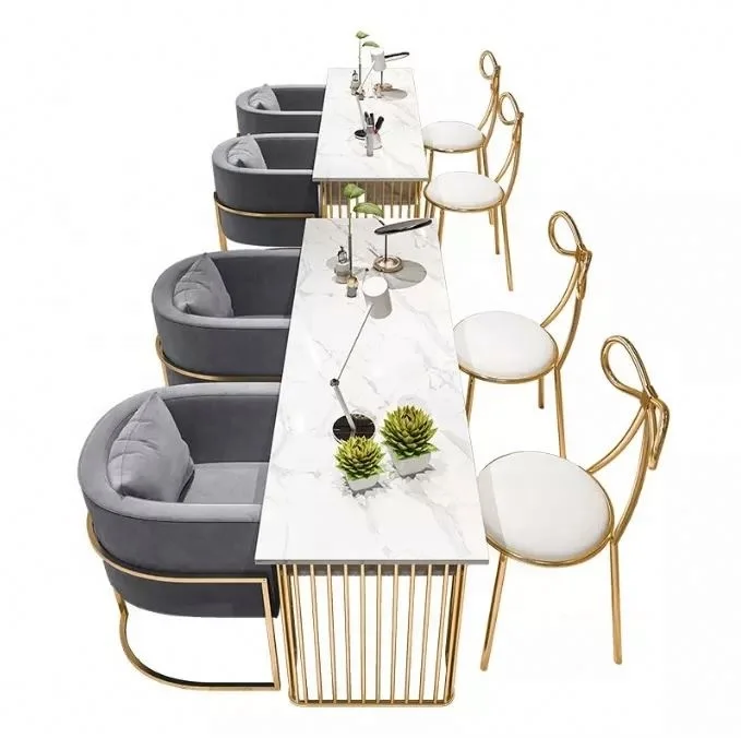 Luxury Modern Simple Metal Salon Furniture Marble Art Nail Table Set Single Double Seat Manicure Table Sale