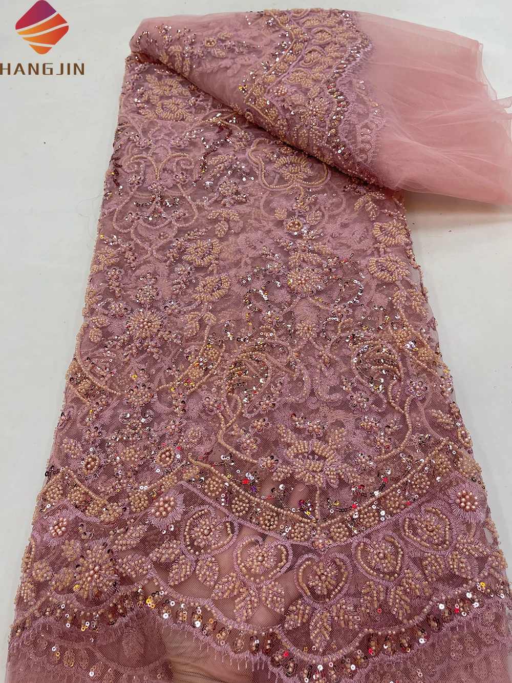 Luxury Sequins Tulle Net Lace Fabric Nigerian Beads Pearl Embroidery Hand Beaded Lace For Party