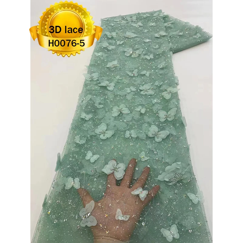 Yellow color butterfly pattern african french women dress tulle 3d embroidery french lace fabric With Beads