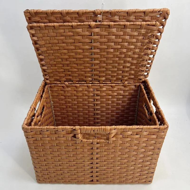 large size plastic handwoven rectangular storage basket with cover lid