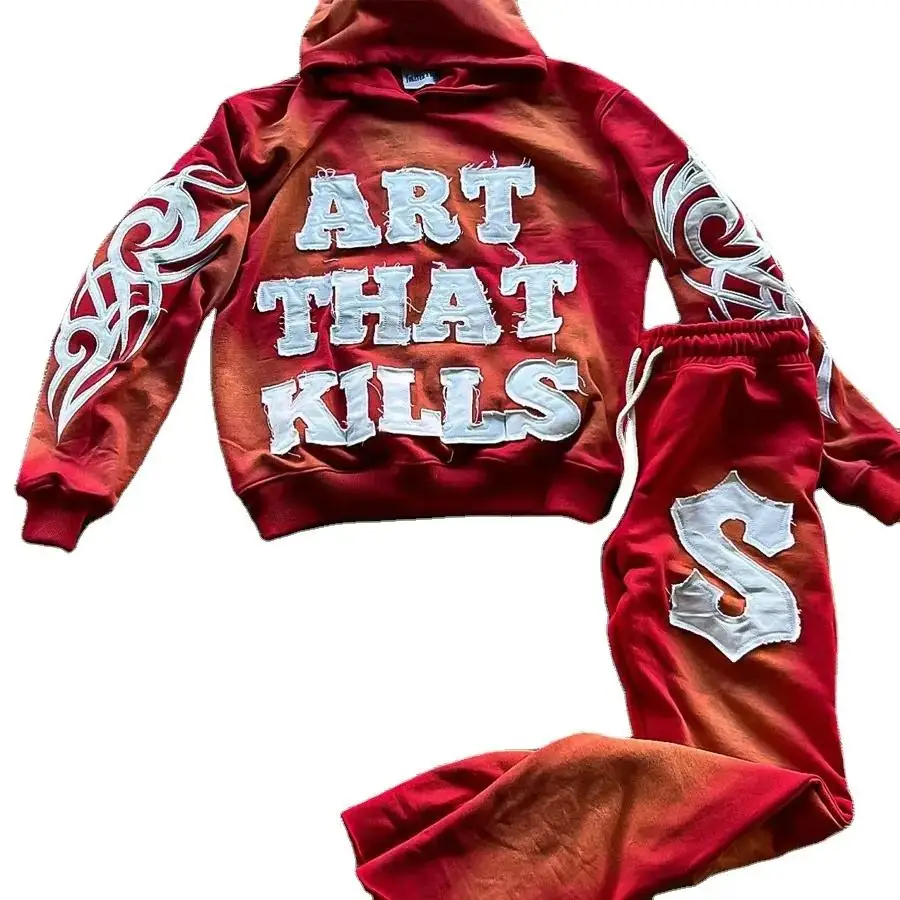 500gsm heavyweight Custom design  street wear distressed sun faded men tracksuit