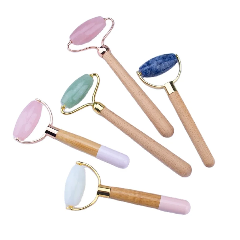 Natural Facial Anti Aging Pink Jade Roller Wooden Handle Single Head Jade Facial Roller Natural Beauty Skin Care Massager