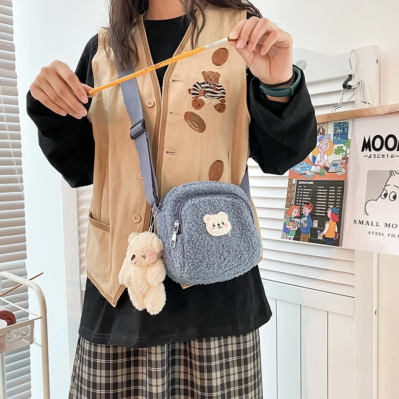 Cute Faux Lambswool Fur Cheap Colorful Shoulder Mini Messenger Fashion Tote Canvas Crossbody Waist Fall Purse Hand Bag for Women