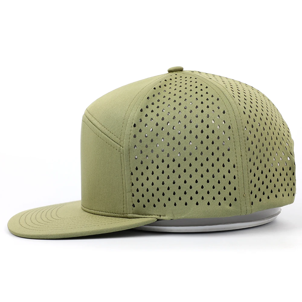 Oem Cheap Custom 5 Panel Men Blank Green Polyester Quick Dry Laser Cut Hat Breathable Perforated Hole Hat Flat Brim Snapback Cap