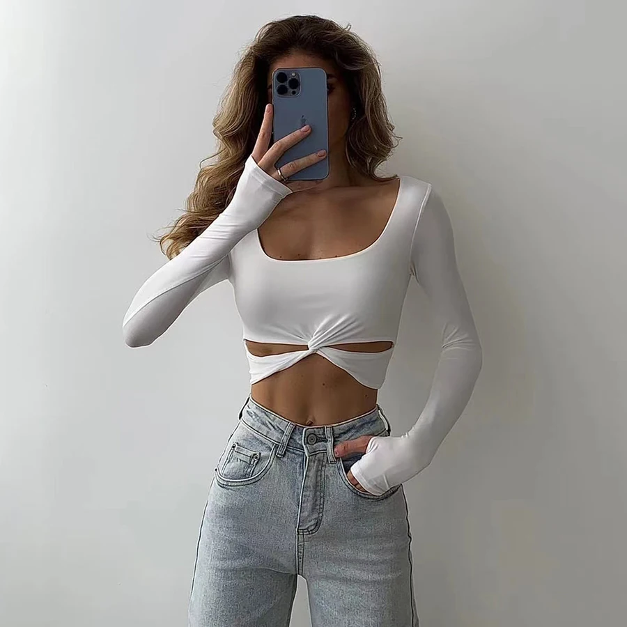 2024 HO U Neck White Shirts For Women Solid Long Sleeves Autumn Winter T Shirt Clothing Crop Top
