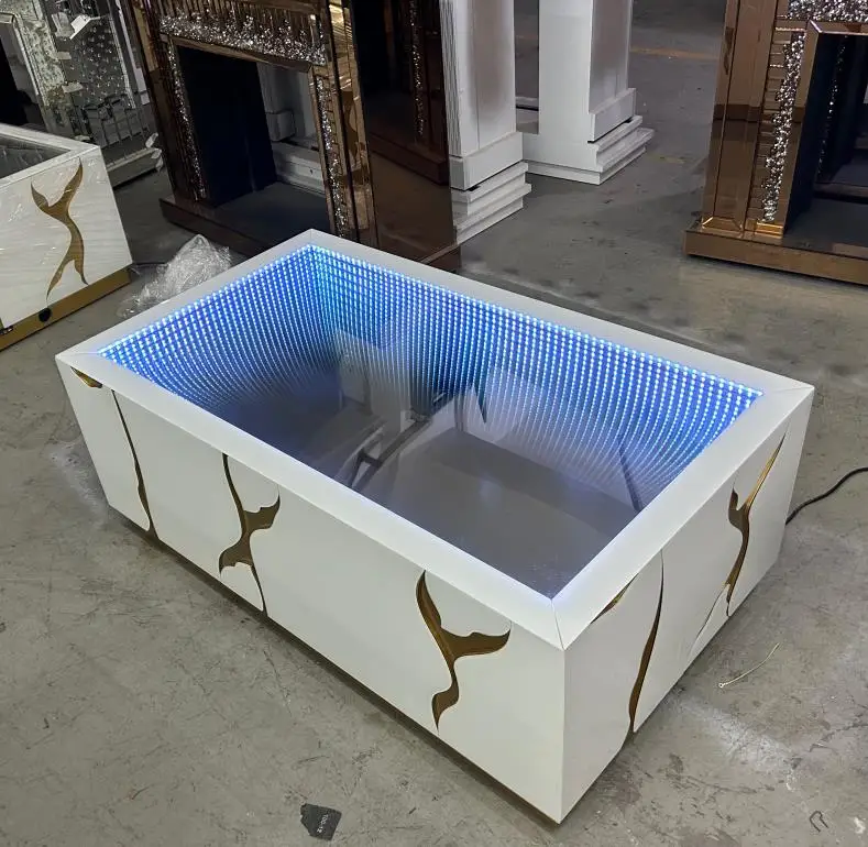 Contemporary Rectangle Glass Coffee Table with Luxury Style Mirrored Fireplace Modern Home Furniture for Living Room