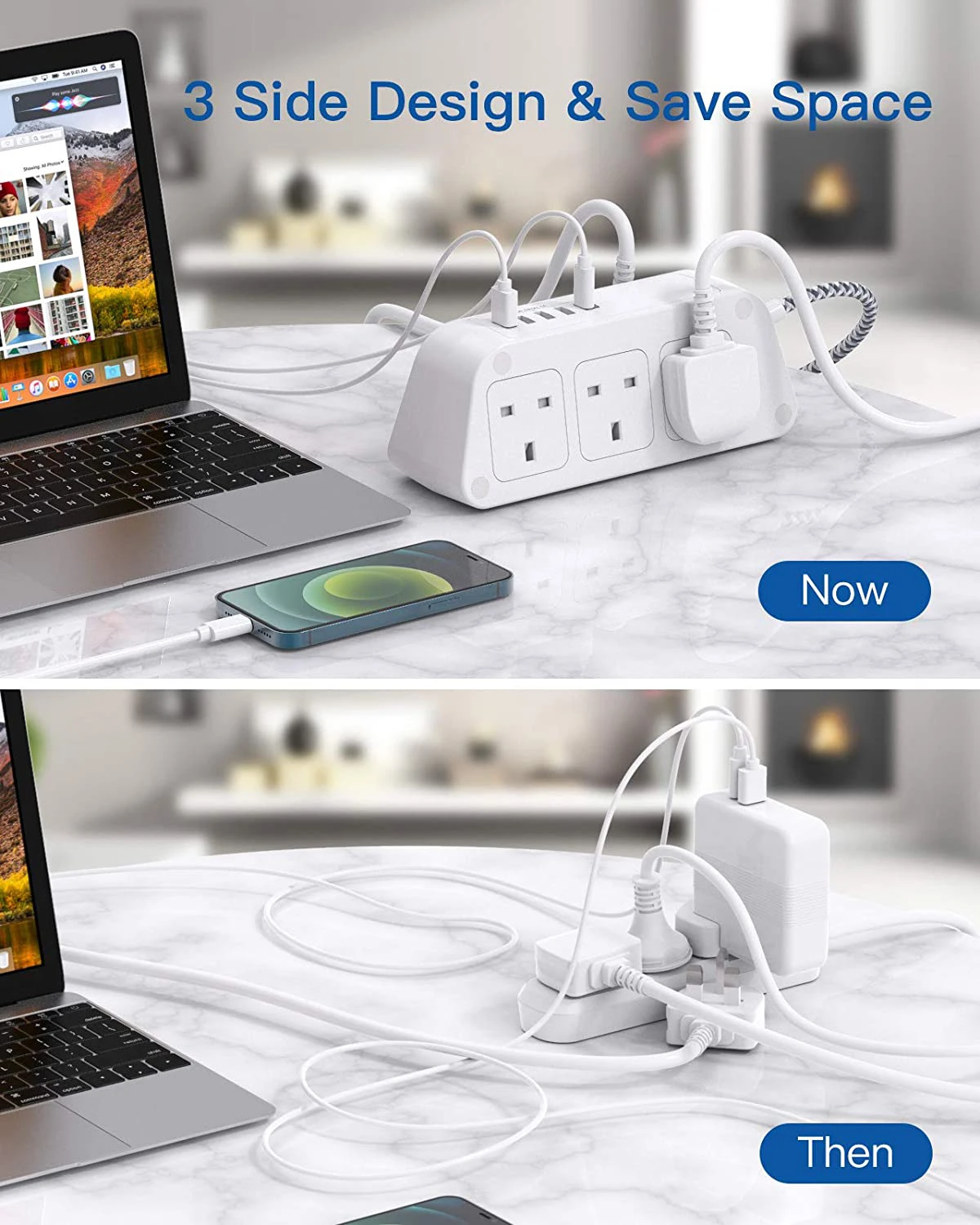 BS Type 6-outlet desktop power strip with 5-USB Type-c Children Protected Outlet 2 side design wide outlet space socket