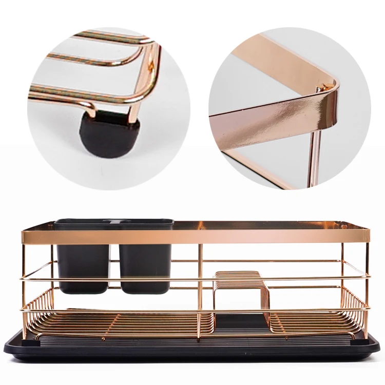 Black Retangular Kitchen Plate Drainer Dish Drying Wire Rack with Removable Plastic Cutlery Holder & Tray