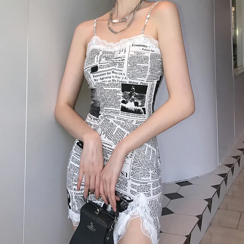 Unique Newspaper Letter Print Drawstring V Neck Open Back Women Slip Dresses for Ladies Summer