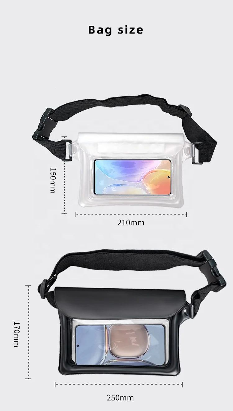 large capacity mobile phone tpu button and zip ipx8 swimming waterproof waist bag