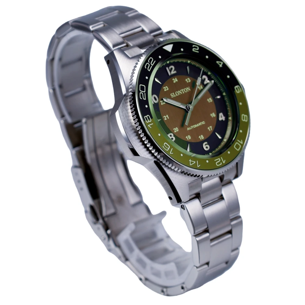 Slonton Luxury Automatic Diver Watch Luminous Round Analog Dial with Seiko Movement Stainless Steel Bracelet Wristwatch