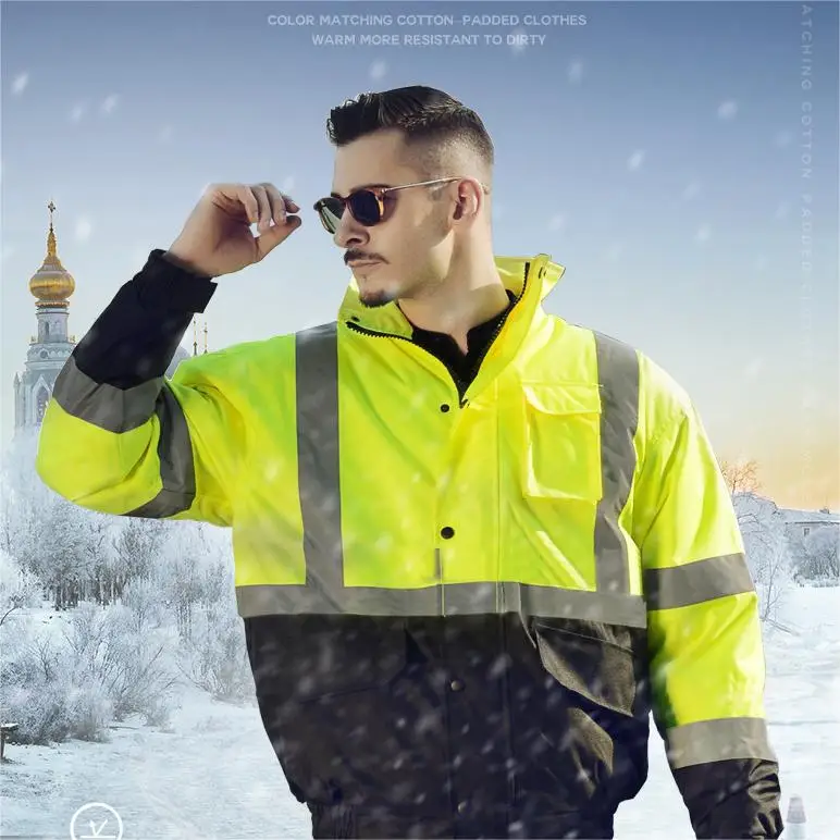 High Visibility Reflective Safety Construction Wear With Pocket Long Sleeves Waterproof Hoodie Factory Made Insulated Jackets