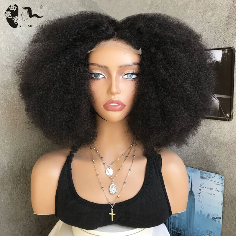 18inch Short Bomb Afro Kinky Curl 4*4 Lace Front Wig Brazilian Human Hair Blend Hair Lace Front Wig For Black Women XISHIXIUHAIR