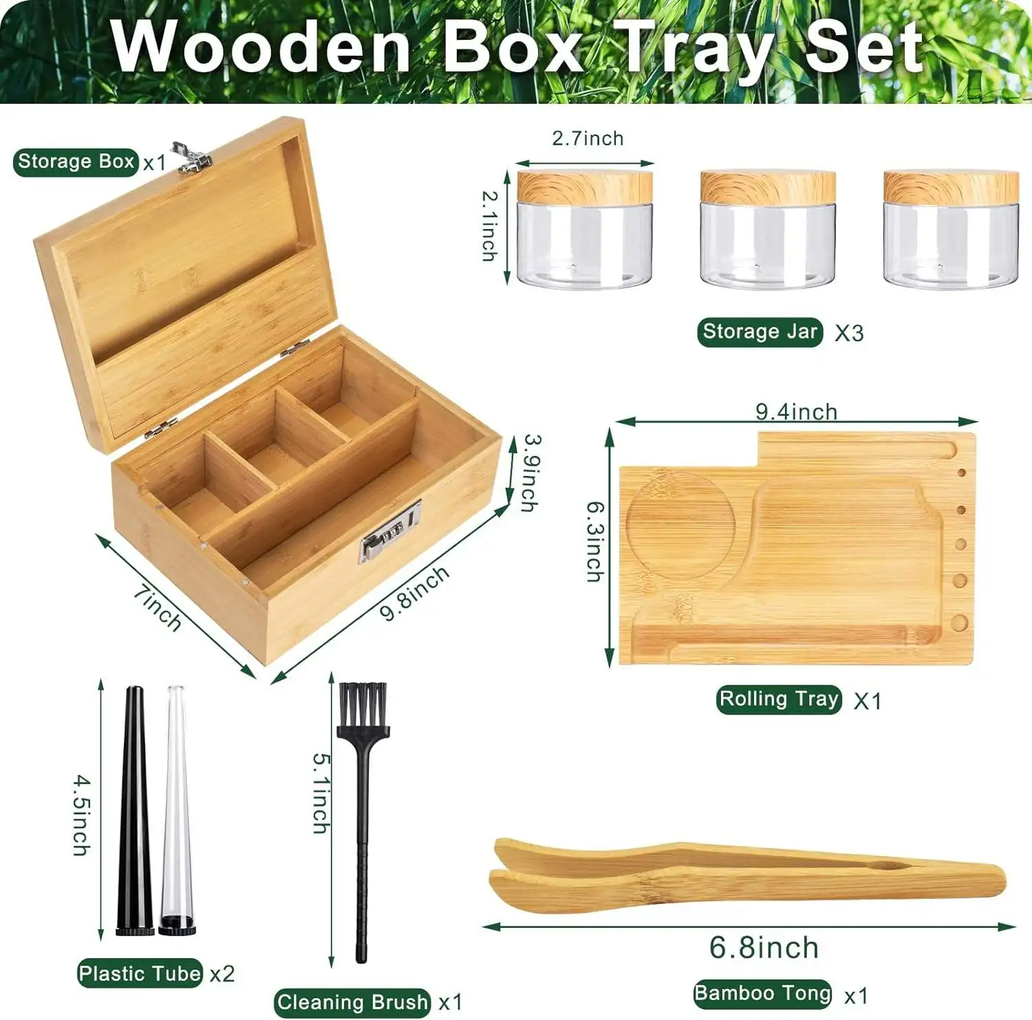 Bamboo Stash Box Jar, Rolling Tray with Combination Lock Decorative Wood Herb Stash box with Smoke Accessories