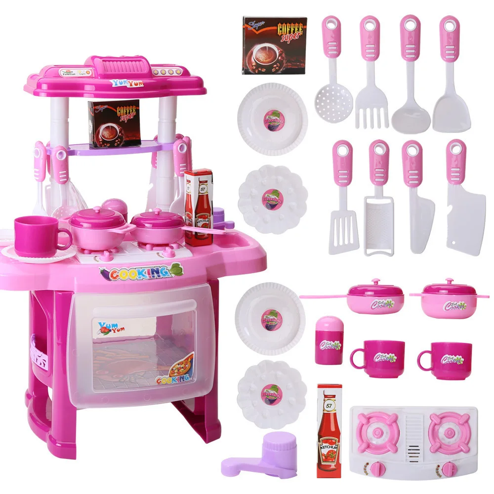 Baby Miniature Kitchen Plastic Pretend Play Food Children Toys With Music Light Kids Cooking Toy Set For Girls Game