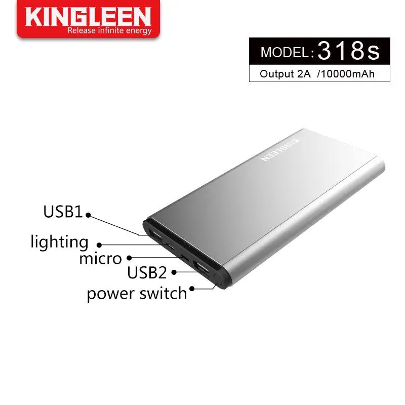 KINGLEEN 318S portable 2 USB output metal power bank polymer battery 10000mAh slim power bank