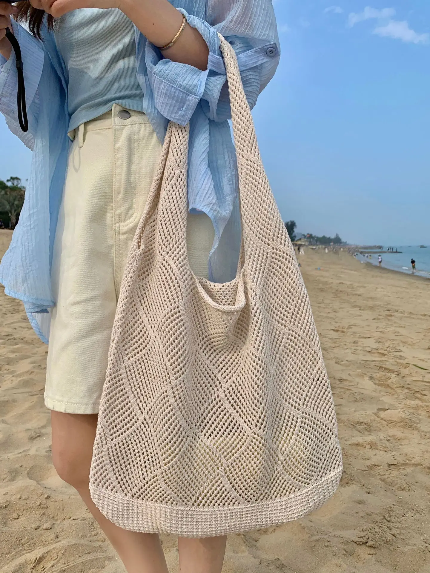 Custom Hot Sale Fashion Summer Beach Bag Mesh Design Shoulder Knitted Crochet Tote Bag for Women